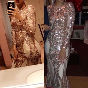 long sleeve champagne/ivory embellished gown